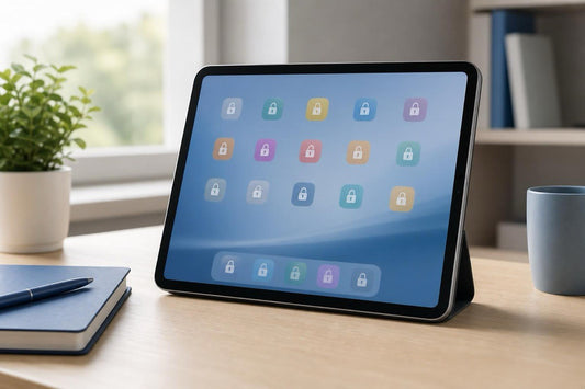 iPad on a desk with distracting app icons blocked