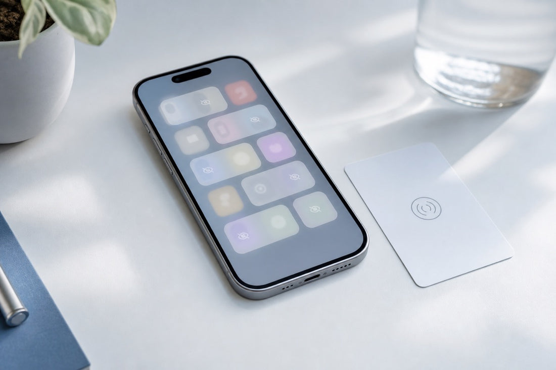iPhone with distracting apps blocked next to an NFC card on a desk