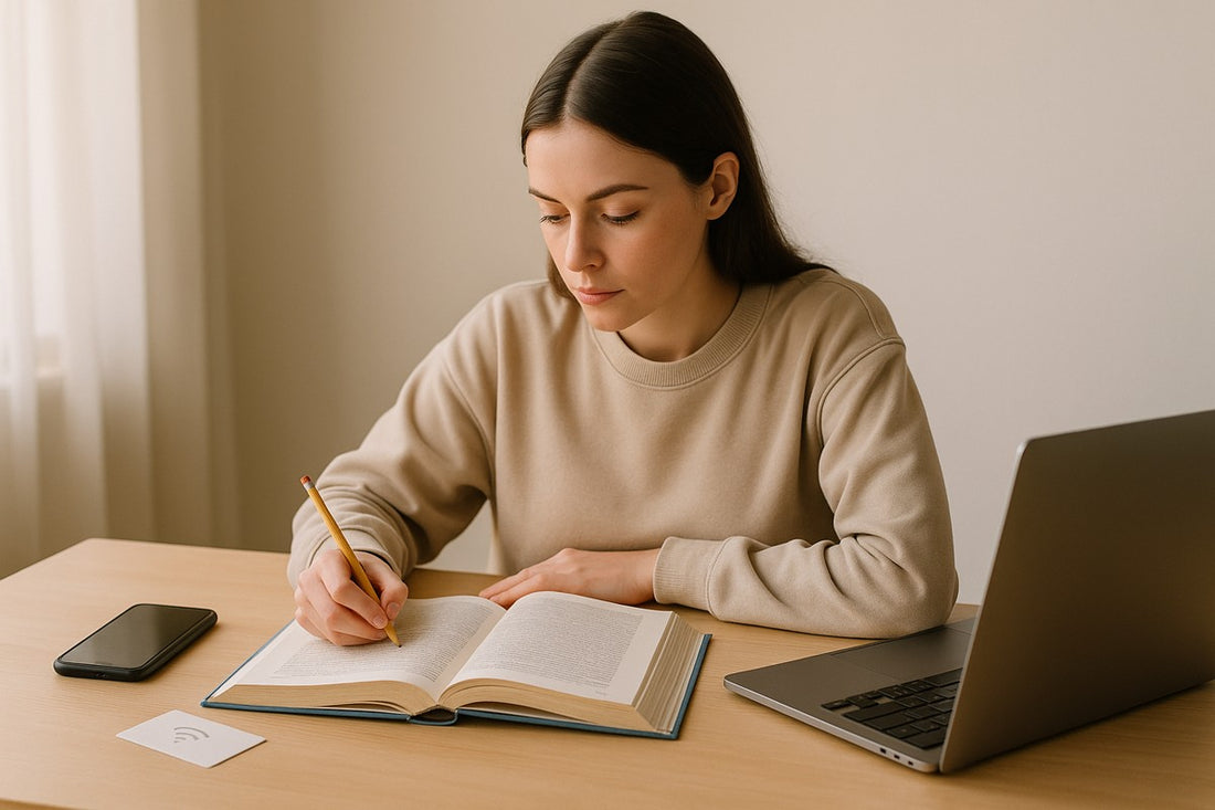 Student studying at a desk with phone set aside next to an NFC card